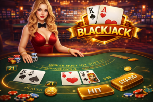 Bàn chơi blackjack chuẩn casino – không gian đối kháng kinh điển giữa người chơi và dealer với mục tiêu chinh phục con số 21