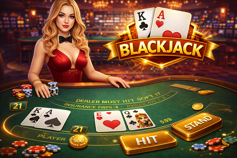 Bàn chơi blackjack chuẩn casino – không gian đối kháng kinh điển giữa người chơi và dealer với mục tiêu chinh phục con số 21